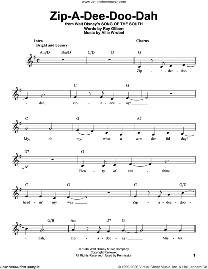 Zip-A-Dee-Doo-Dah (from Song Of The South) sheet music for voice solo by James Baskett, Allie Wrubel and Ray Gilbert, intermediate skill level