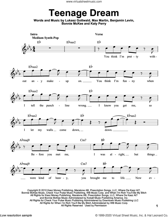 Teenage Dream sheet music for voice solo by Glee Cast, Benjamin Levin, Bonnie McKee, Katy Perry, Lukasz Gottwald and Max Martin, intermediate skill level