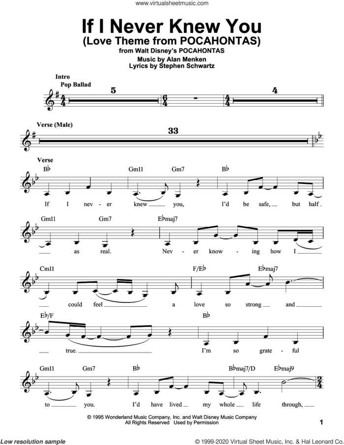 If I Never Knew You (End Title) (from Pocahontas) sheet music for voice solo by Jon Secada and Shanice, Alan Menken and Stephen Schwartz, intermediate skill level