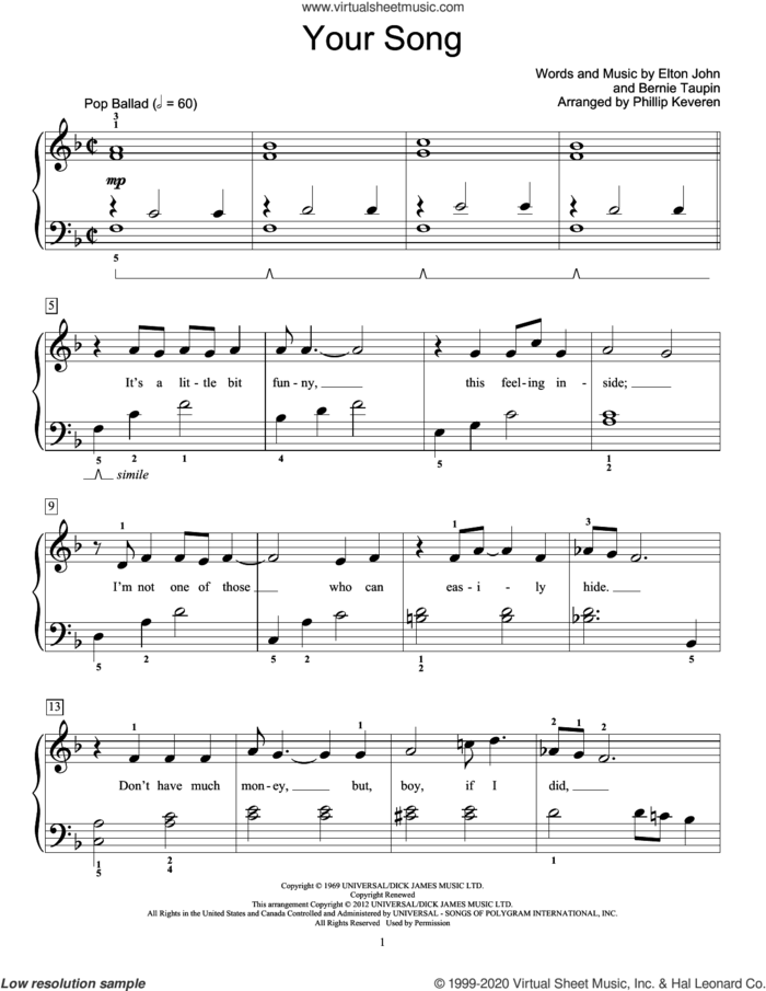 Your Song sheet music for piano solo (elementary) by Elton John and Bernie Taupin, beginner piano (elementary)