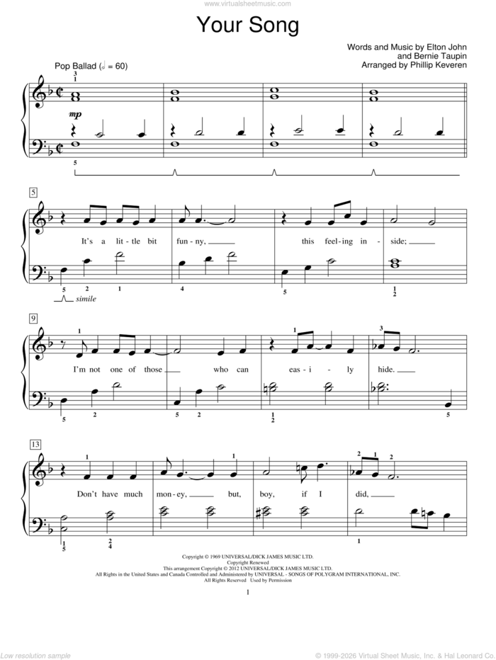Your Song sheet music for piano solo (elementary) by Elton John and Bernie Taupin, beginner piano (elementary)