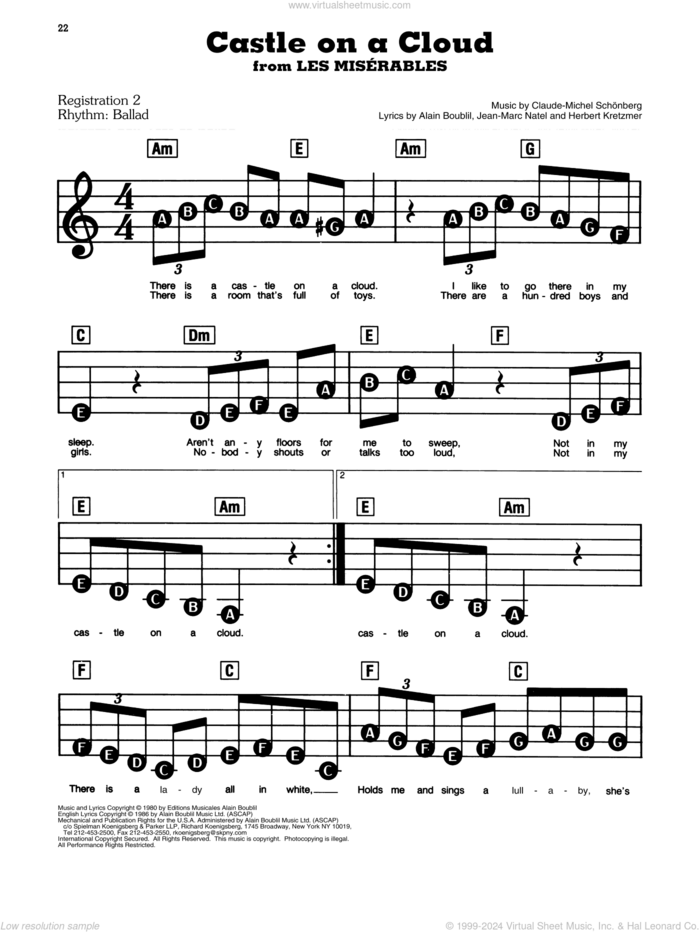 Castle On A Cloud sheet music for piano or keyboard (E-Z Play) by Alain Boublil, Claude-Michel Schonberg, Claude-Michel Schonberg, Herbert Kretzmer and Jean-Marc Natel, easy skill level