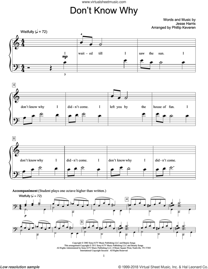 Don't Know Why sheet music for piano solo (elementary) by Norah Jones and Jesse Harris, beginner piano (elementary)