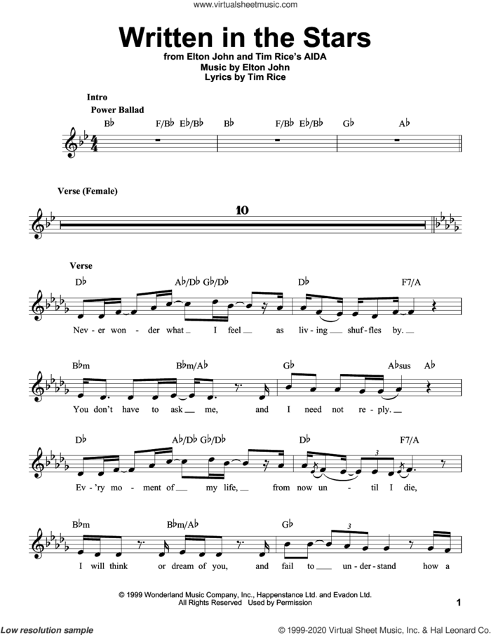 Written In The Stars (from Aida) sheet music for voice solo by Elton John and Tim Rice, intermediate skill level