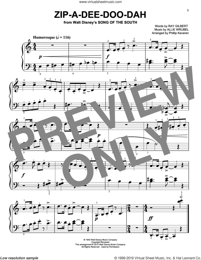 Zip-A-Dee-Doo-Dah (from Song Of The South) [Classical version] (arr. Phillip Keveren), (easy) sheet music for piano solo by James Baskett, Phillip Keveren, Allie Wrubel and Ray Gilbert, easy skill level