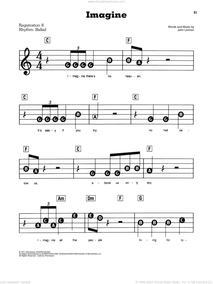 Imagine sheet music for piano or keyboard (E-Z Play) by John Lennon and David Archuleta, easy skill level