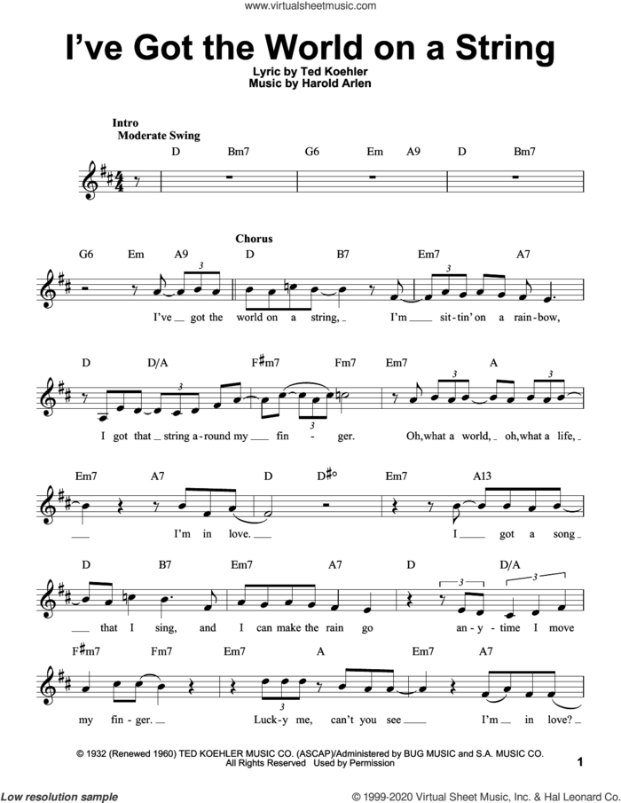 I've Got The World On A String sheet music for voice solo by Harold Arlen, Michael Buble and Ted Koehler, intermediate skill level