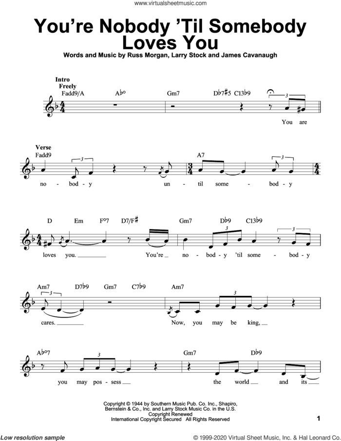 You're Nobody 'til Somebody Loves You sheet music for voice solo by James Cavanaugh, Frank Sinatra, Michael Buble, Larry Stock and Russ Morgan, intermediate skill level