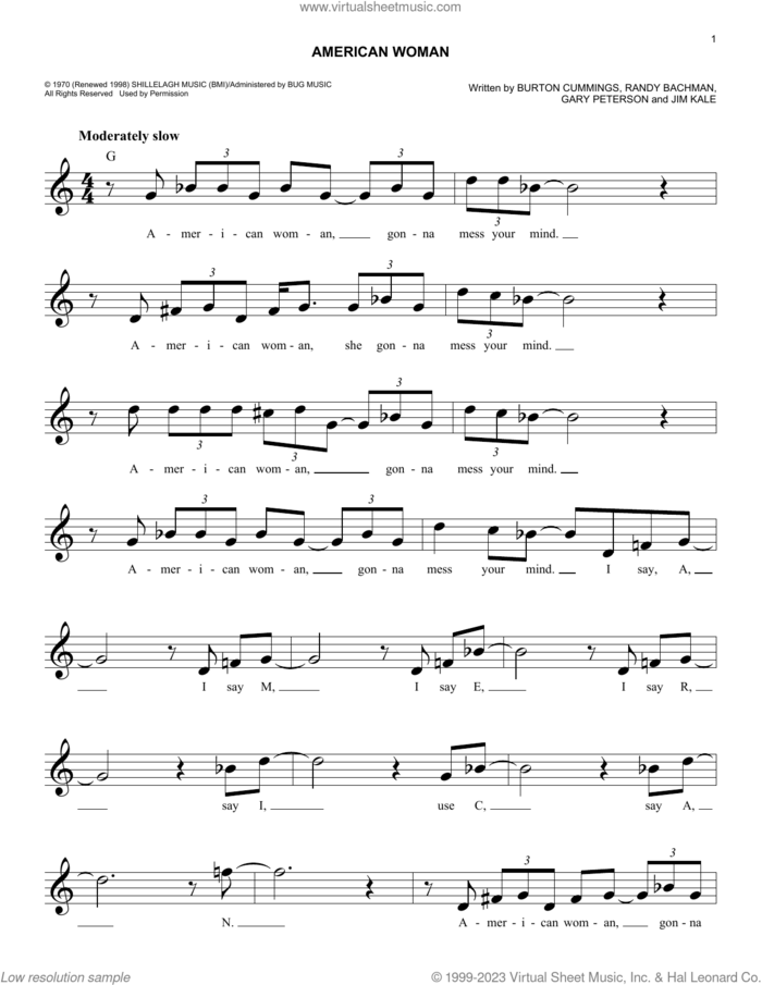 American Woman sheet music for voice and other instruments (fake book) by The Guess Who, Burton Cummings, Garry Peterson, Jim Kale and Randy Bachman, intermediate skill level