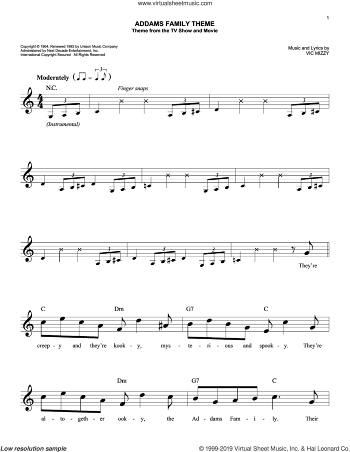 The Addams Family Theme sheet music for voice and other instruments (fake book) by Vic Mizzy, easy skill level