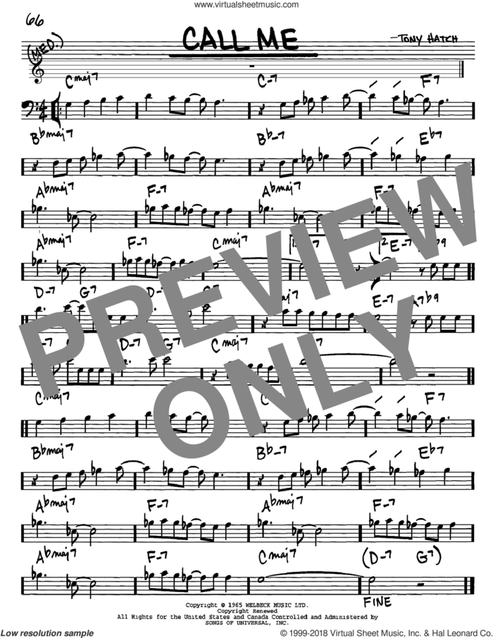 Call Me sheet music for voice and other instruments (bass clef) by Tony Hatch, intermediate skill level