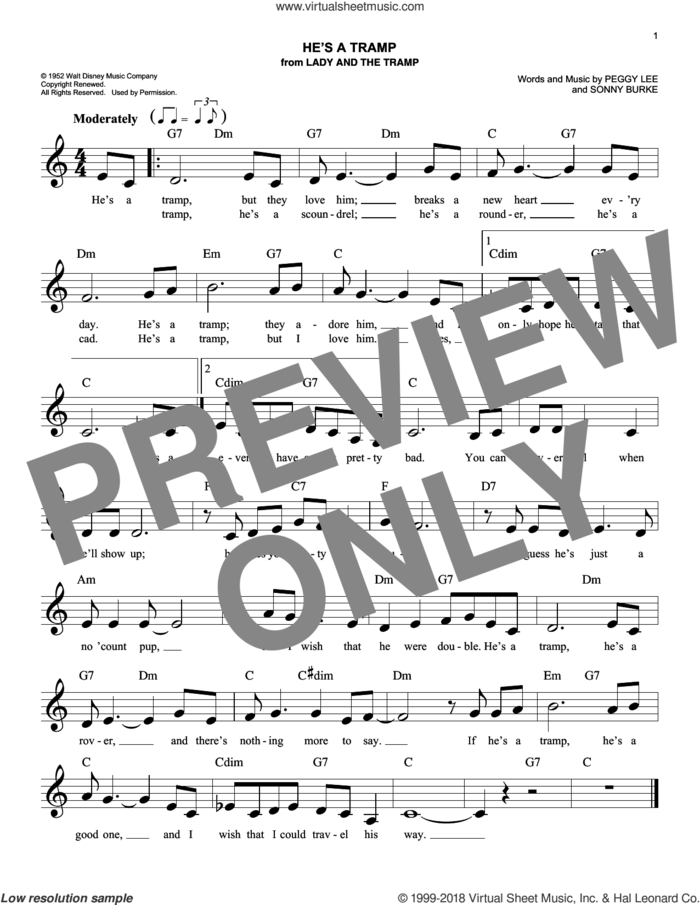 He's A Tramp (from Lady And The Tramp) sheet music for voice and other instruments (fake book) by Peggy Lee and Sonny Burke, easy skill level