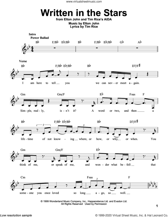 Written In The Stars (from Aida) sheet music for voice solo by Elton John and Tim Rice, intermediate skill level