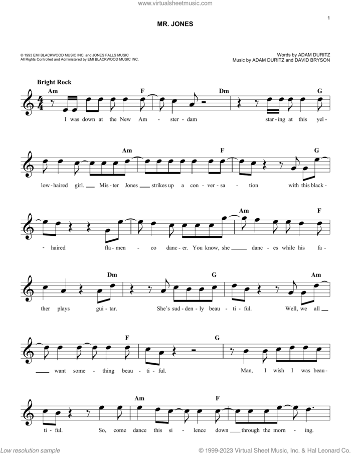 Mr. Jones sheet music for voice and other instruments (fake book) by Counting Crows, Adam Duritz, Ben Mize, Charles Gillingham, Dan Vickrey, David Bryson, Matthew Malley and Steve Bowman, easy skill level