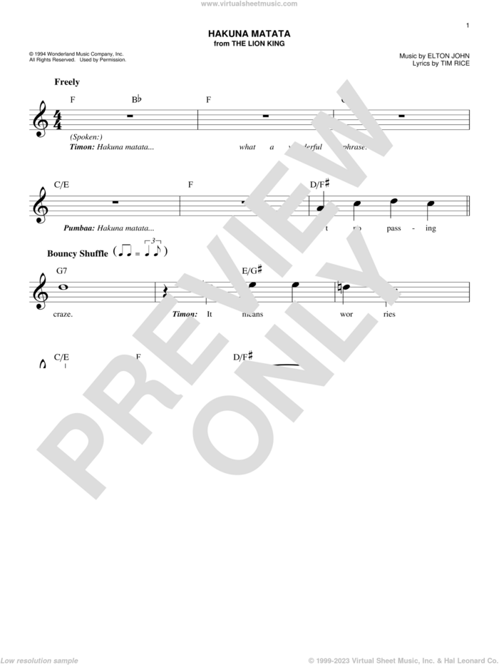 Hakuna Matata (from The Lion King) sheet music for voice and other instruments (fake book) by Elton John, Jimmy Cliff featuring Lebo M and Tim Rice, easy skill level