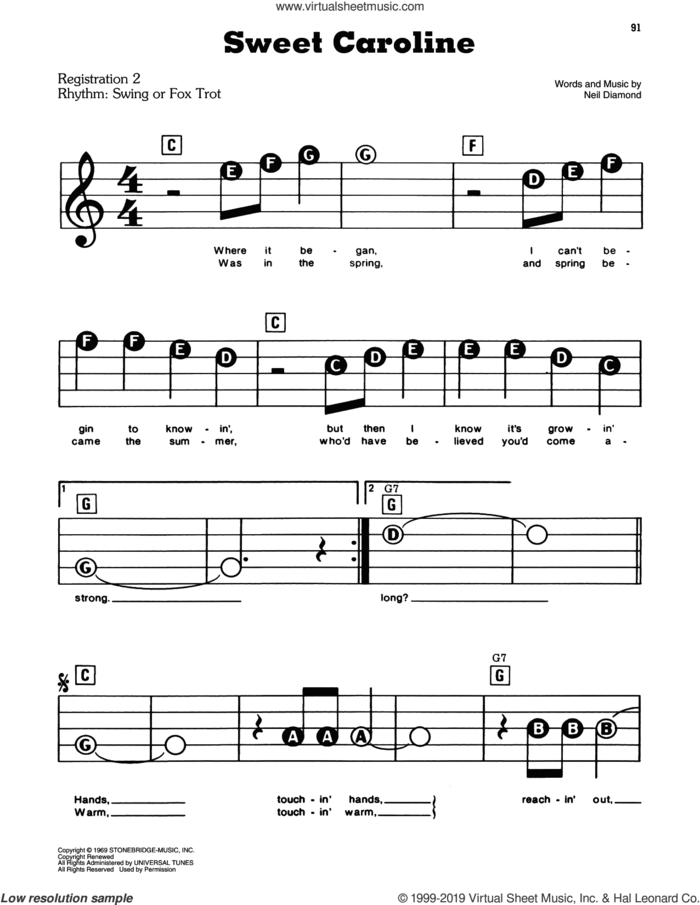 Sweet Caroline sheet music for piano or keyboard (E-Z Play) by Neil Diamond, easy skill level