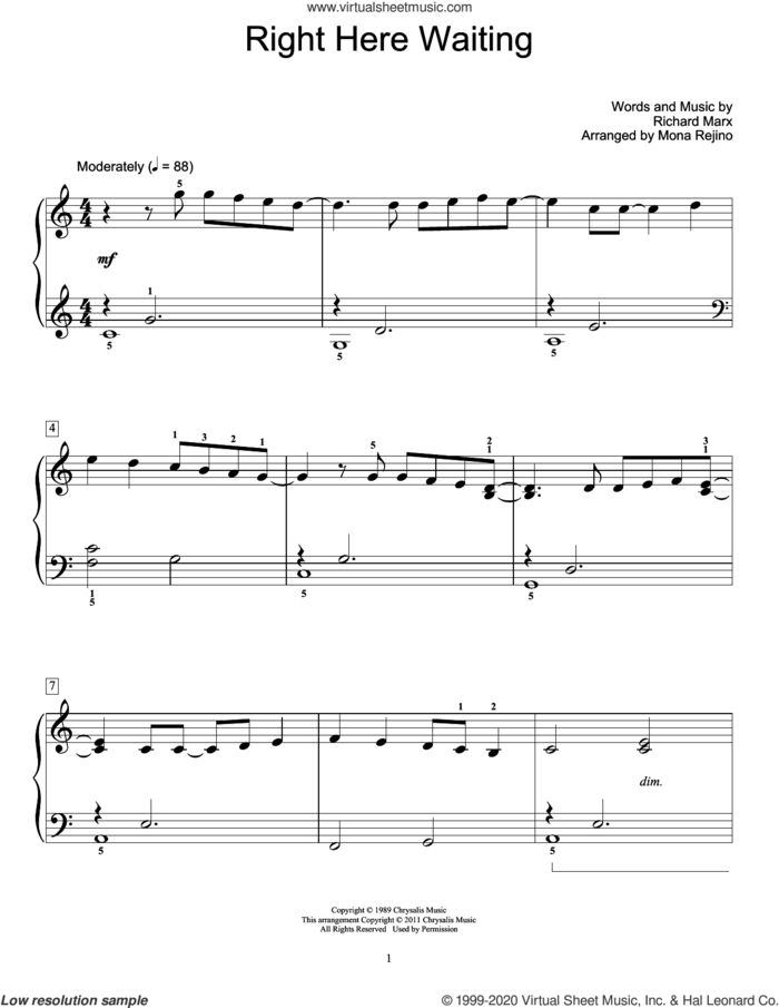 Right Here Waiting sheet music for piano solo (elementary) by Richard Marx, beginner piano (elementary)