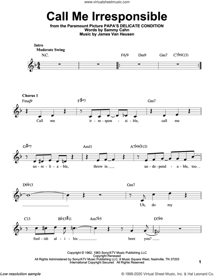 Call Me Irresponsible sheet music for voice solo by Sammy Cahn, Michael Buble and Jimmy van Heusen, intermediate skill level