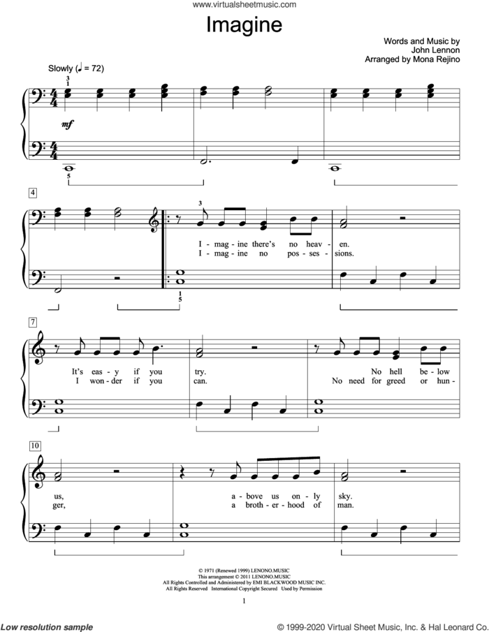 Imagine sheet music for piano solo (elementary) by John Lennon, beginner piano (elementary)