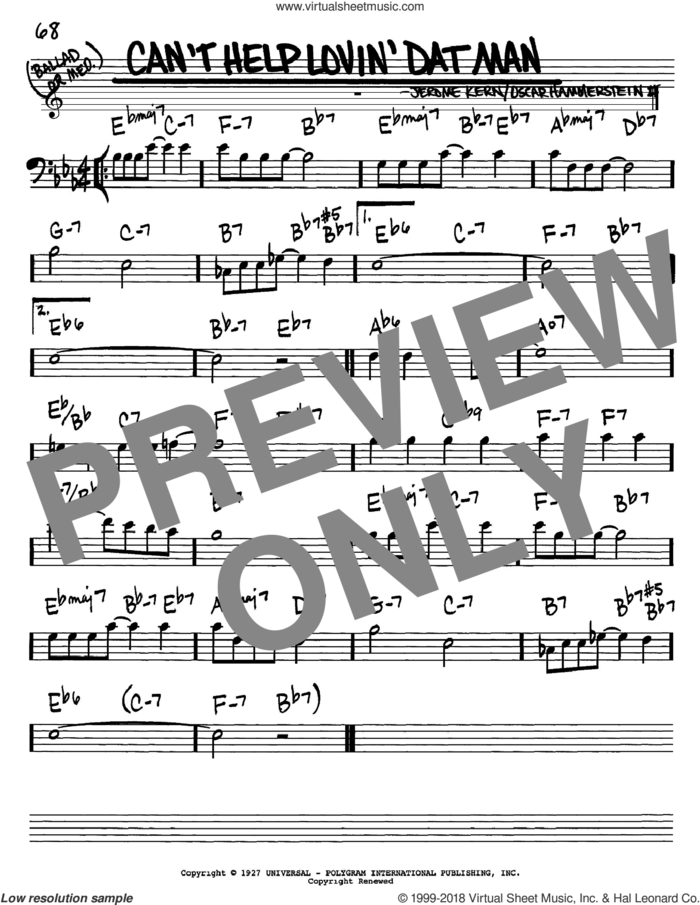 Can't Help Lovin' Dat Man sheet music for voice and other instruments (bass clef) by Jerome Kern, Show Boat (Musical) and Oscar II Hammerstein, intermediate skill level