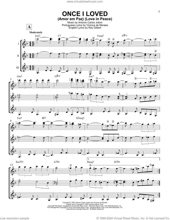 Once I Loved (Amor Em Paz) (Love In Peace) sheet music for guitar ensemble by Antonio Carlos Jobim and Vinicius de Moraes, intermediate skill level