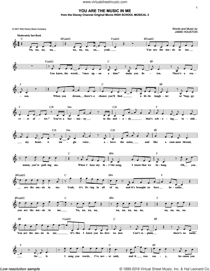 You Are The Music In Me (from High School Musical 2) sheet music for voice and other instruments (fake book) by Zac Efron and Vanessa Anne Hudgens and Jamie Houston, intermediate skill level