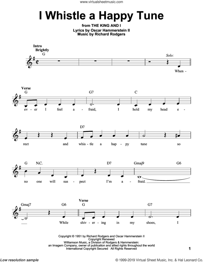 I Whistle A Happy Tune sheet music for voice solo by Rodgers & Hammerstein, Oscar II Hammerstein and Richard Rodgers, intermediate skill level
