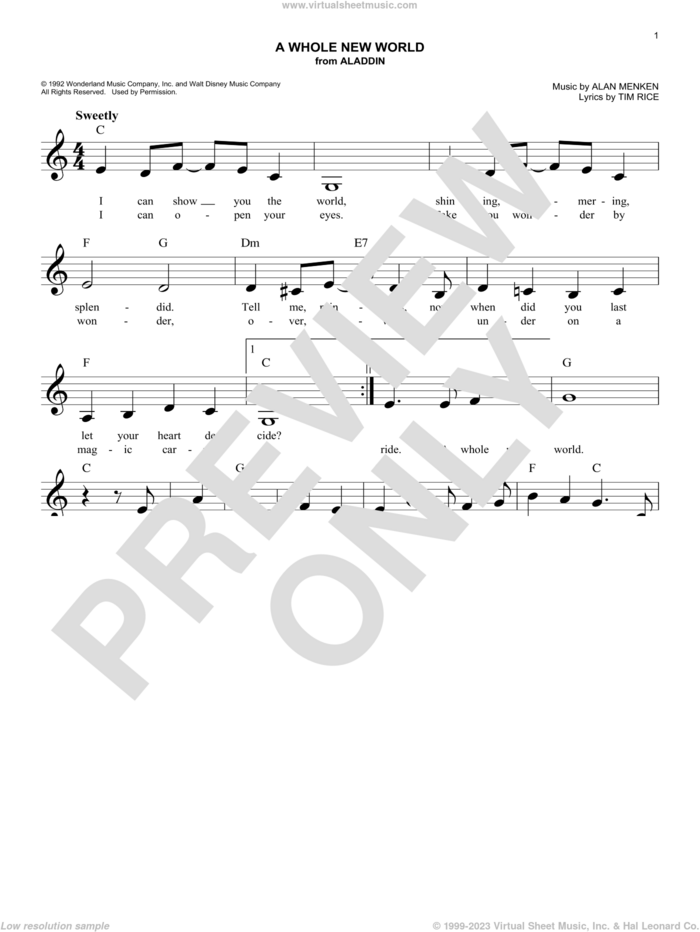 A Whole New World (from Aladdin) sheet music for voice and other instruments (fake book) by Alan Menken and Tim Rice, intermediate skill level
