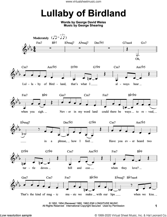Lullaby Of Birdland sheet music for voice solo by George David Weiss and George Shearing, intermediate skill level