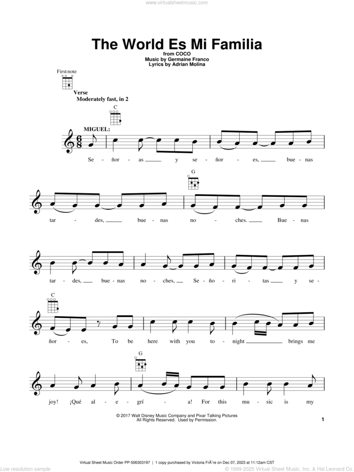 The World Es Mi Familia (from Coco) sheet music for ukulele by Adrian Molina, Coco (Movie), Germaine Franco and Germaine Franco & Adrian Molina, intermediate skill level