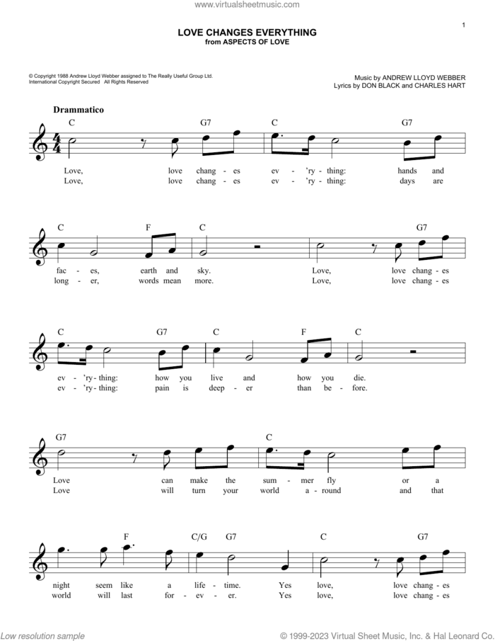 Love Changes Everything (from Aspects Of Love) sheet music for voice and other instruments (fake book) by Andrew Lloyd Webber, Charles Hart and Don Black, easy skill level