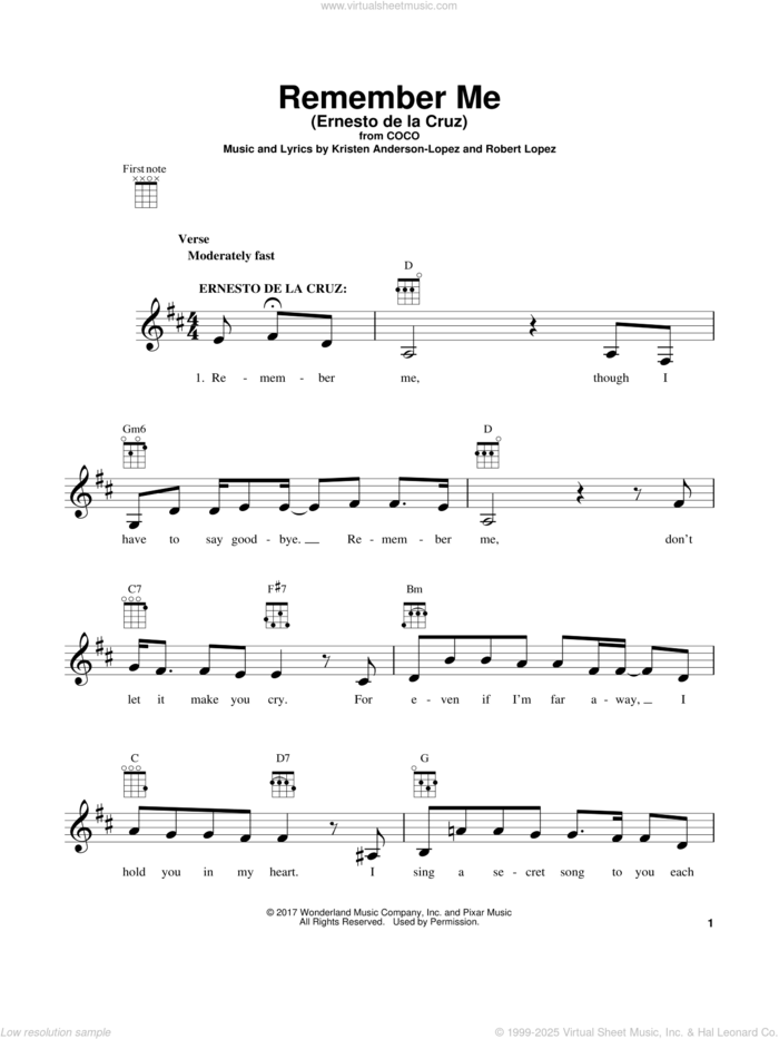 Remember Me (Ernesto de la Cruz) (from Coco) sheet music for ukulele by Kristen Anderson-Lopez, Coco (Movie), Kristen Anderson-Lopez & Robert Lopez and Robert Lopez, intermediate skill level