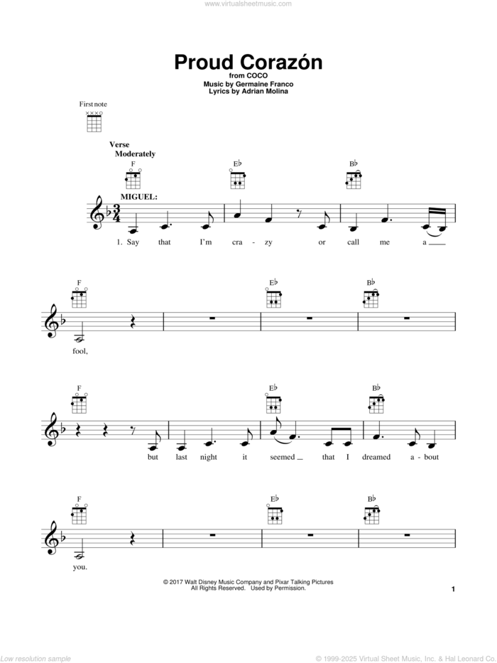 Proud Corazon (from Coco) sheet music for ukulele by Adrian Molina, Coco (Movie), Germaine Franco and Germaine Franco & Adrian Molina, intermediate skill level