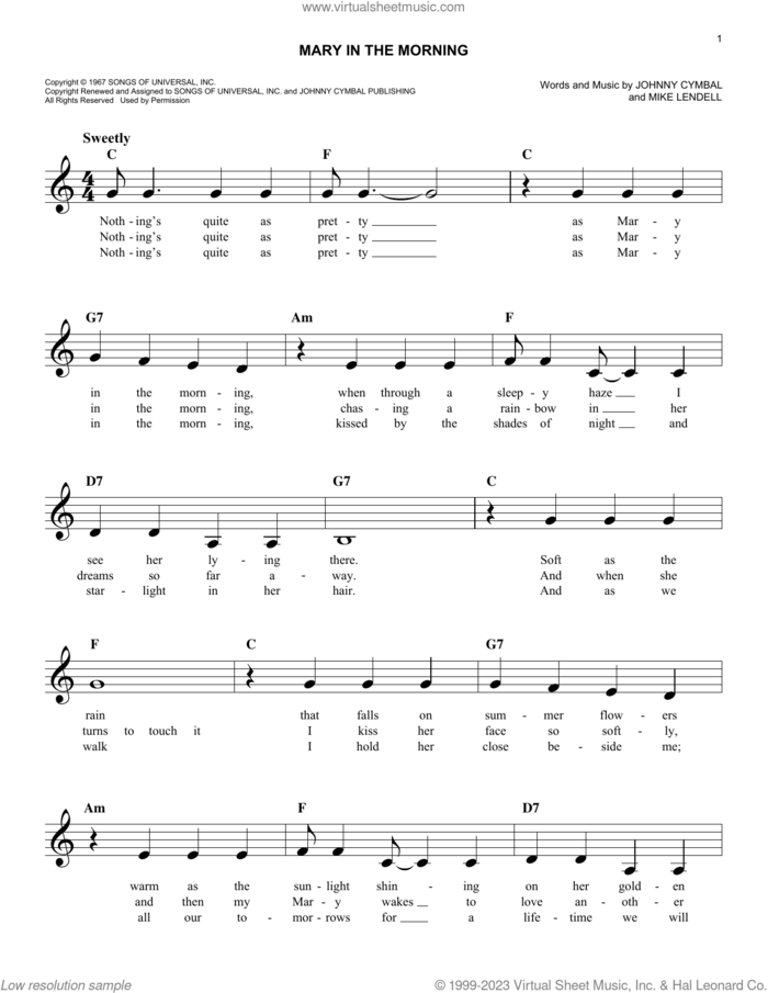 Mary In The Morning sheet music for voice and other instruments (fake book) by Johnny Cymbal, Al Martino, Elvis Presley and Mike Lendell, easy skill level