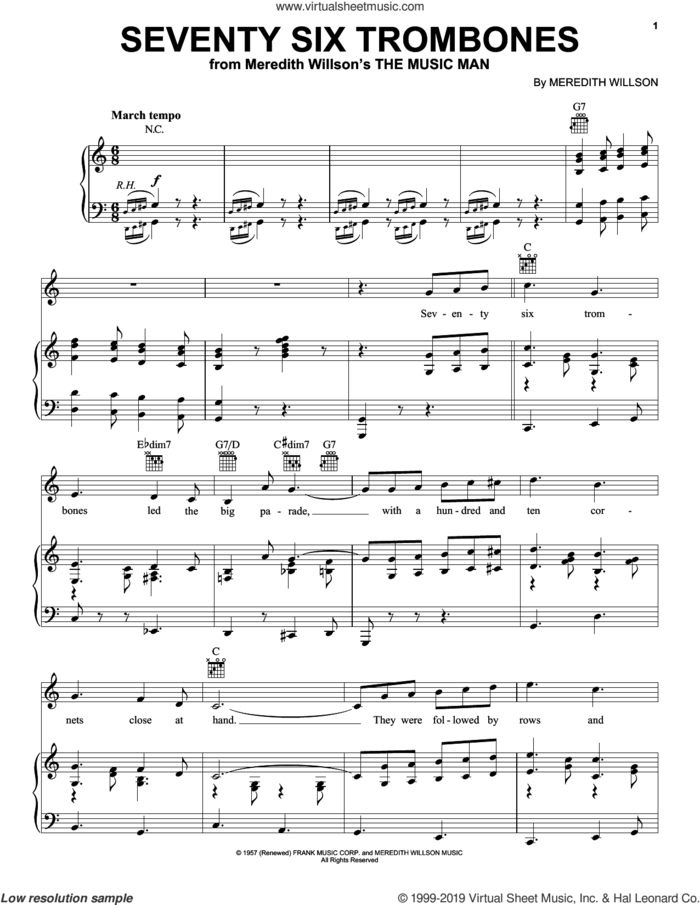 Seventy Six Trombones sheet music for voice, piano or guitar by Meredith Willson, intermediate skill level