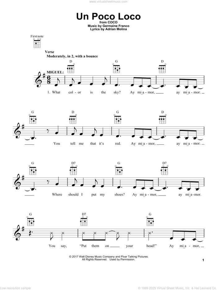 Un Poco Loco (from Coco) sheet music for ukulele by Adrian Molina, Coco (Movie), Germaine Franco and Germaine Franco & Adrian Molina, intermediate skill level