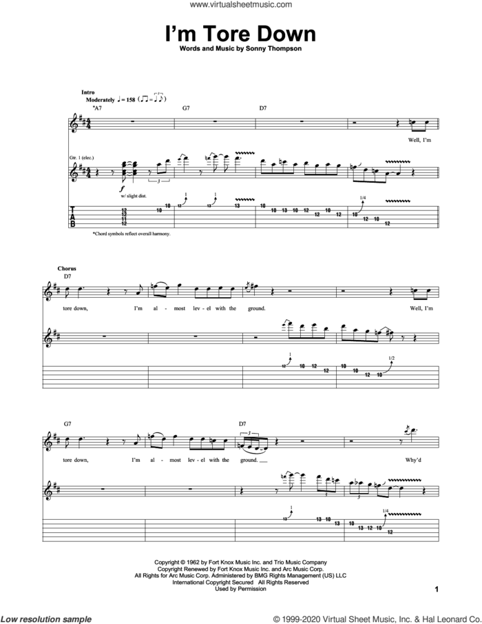 I'm Tore Down sheet music for guitar (tablature) by Sonny Thompson, Dave Rubin, Eric Clapton and Freddie King, intermediate skill level