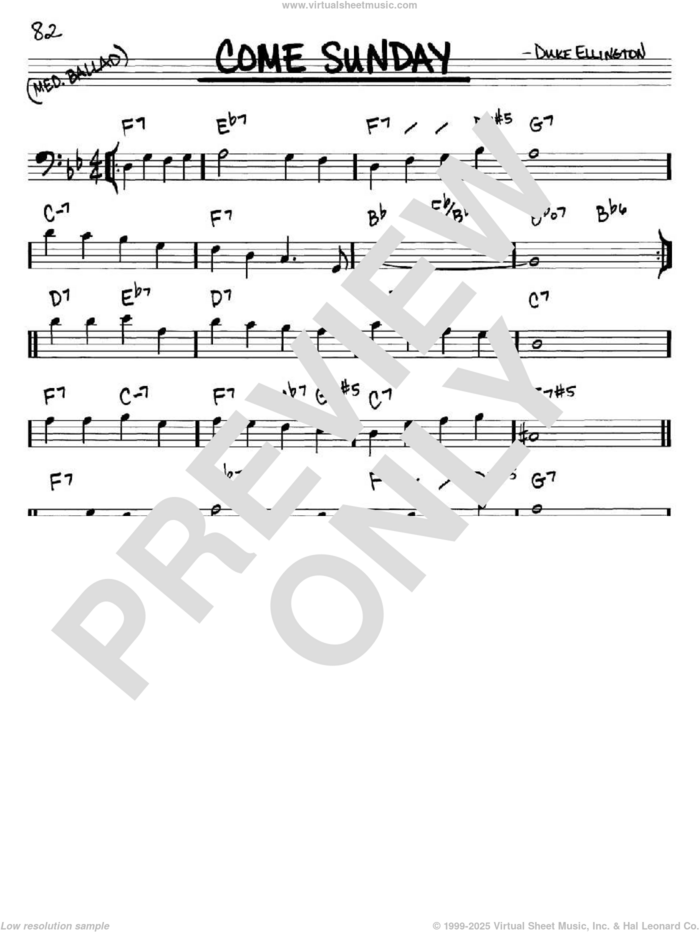 Come Sunday sheet music for voice and other instruments (bass clef) by Duke Ellington, intermediate skill level