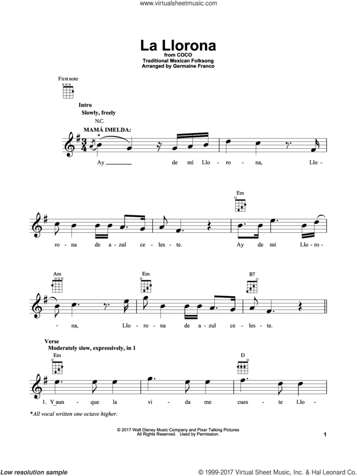 La Llorona (from Coco) sheet music for ukulele by Germaine Franco, Coco (Movie) and Traditional Mexican Folksong, intermediate skill level