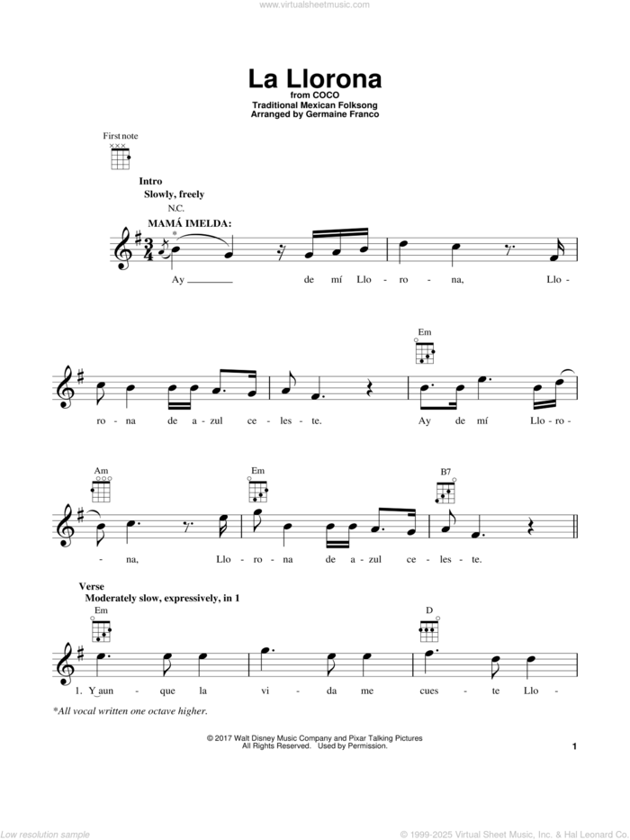 La Llorona (from Coco) sheet music for ukulele by Germaine Franco, Coco (Movie) and Traditional Mexican Folksong, intermediate skill level