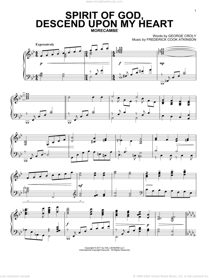 Spirit Of God, Descend Upon My Heart (arr. David Lantz III) sheet music for piano solo by Frederick Cook Atkinson and George Croly, intermediate skill level