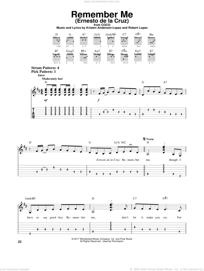 Remember Me (Ernesto de la Cruz) (from Coco) sheet music for guitar solo (easy tablature) by Kristen Anderson-Lopez, Coco (Movie), Kristen Anderson-Lopez & Robert Lopez and Robert Lopez, easy guitar (easy tablature)