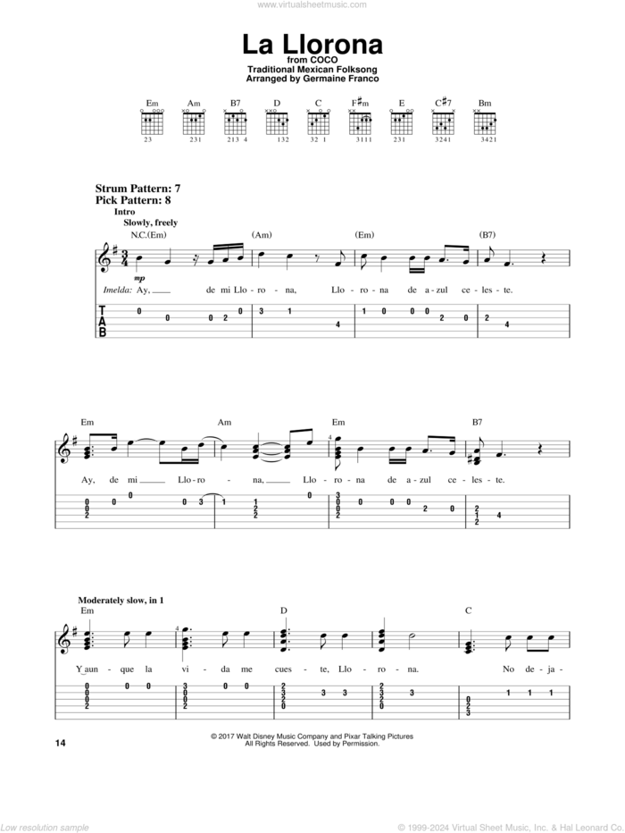 La Llorona (from Coco) sheet music for guitar solo (easy tablature) by Germaine Franco, Coco (Movie) and Traditional Mexican Folksong, easy guitar (easy tablature)