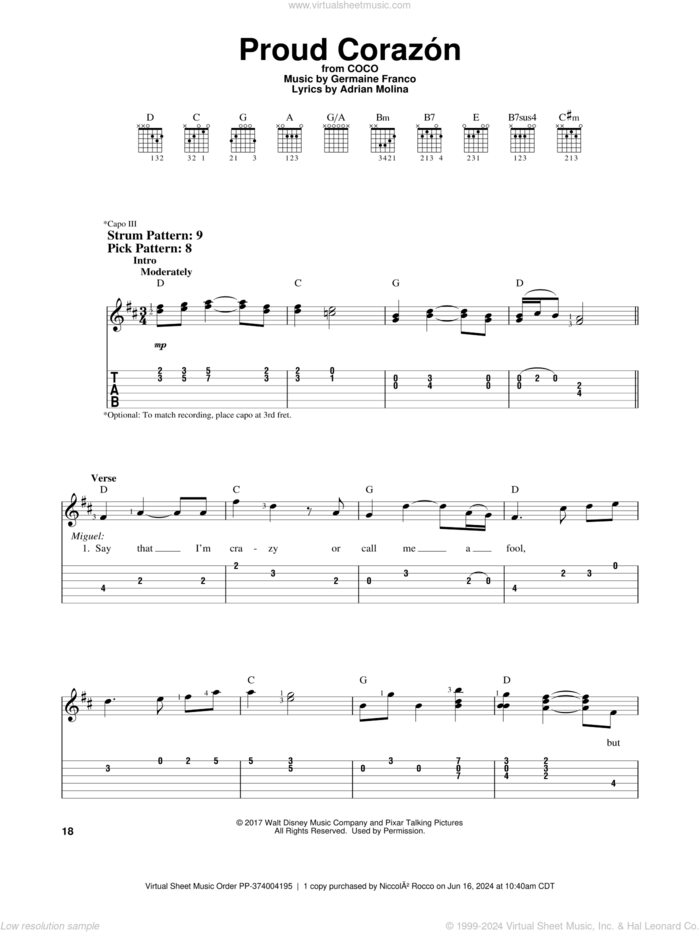 Proud Corazon (from Coco) sheet music for guitar solo (easy tablature) by Adrian Molina, Coco (Movie), Germaine Franco and Germaine Franco & Adrian Molina, easy guitar (easy tablature)