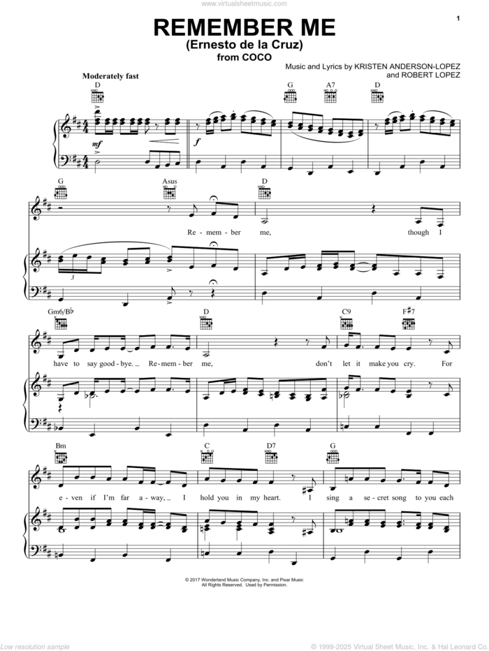 Remember Me (Ernesto de la Cruz) (from Coco) sheet music for voice, piano or guitar by Kristen Anderson-Lopez, Coco (Movie), Kristen Anderson-Lopez & Robert Lopez and Robert Lopez, intermediate skill level