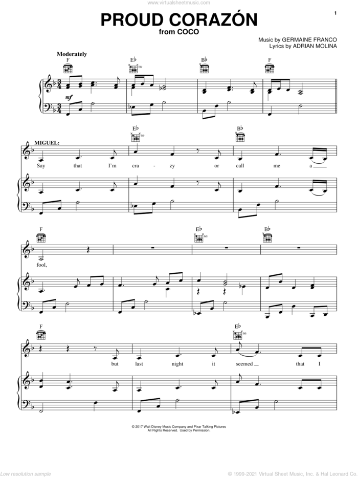 Proud Corazon (from Coco) sheet music for voice, piano or guitar by Adrian Molina, Coco (Movie), Germaine Franco and Germaine Franco & Adrian Molina, intermediate skill level