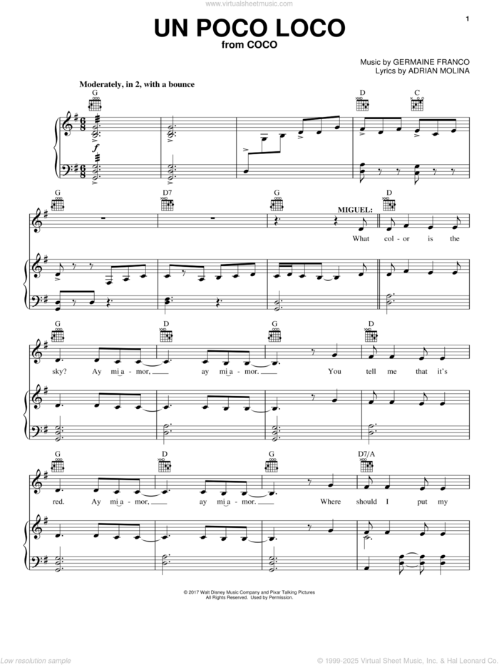 Un Poco Loco (from Coco) sheet music for voice, piano or guitar by Germaine Franco, Adrian Molina and Germaine Franco & Adrian Molina, intermediate skill level