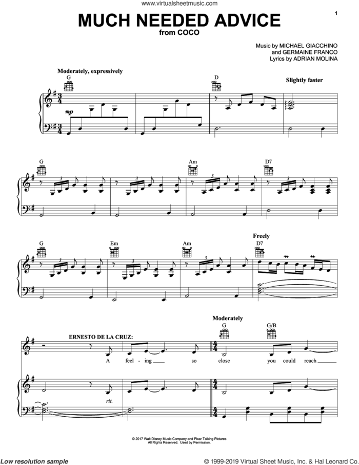 Much Needed Advice (from Coco) sheet music for voice, piano or guitar by Michael Giacchino, Coco (Movie), Adrian Molina and Germaine Franco, intermediate skill level