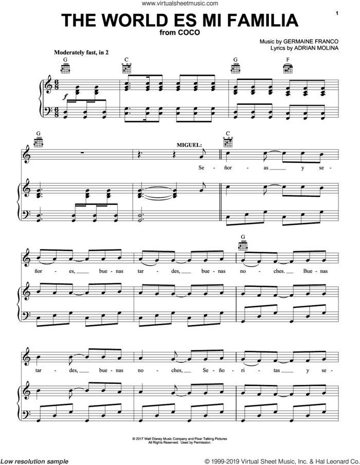 The World Es Mi Familia (from Coco) sheet music for voice, piano or guitar by Germaine Franco, Adrian Molina and Germaine Franco & Adrian Molina, intermediate skill level