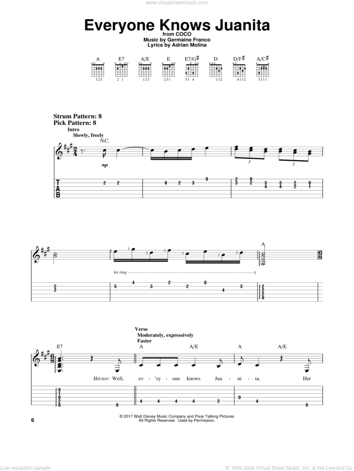 Everyone Knows Juanita (from Coco) sheet music for guitar solo (easy tablature) by Adrian Molina, Coco (Movie), Germaine Franco and Germaine Franco & Adrian Molina, easy guitar (easy tablature)